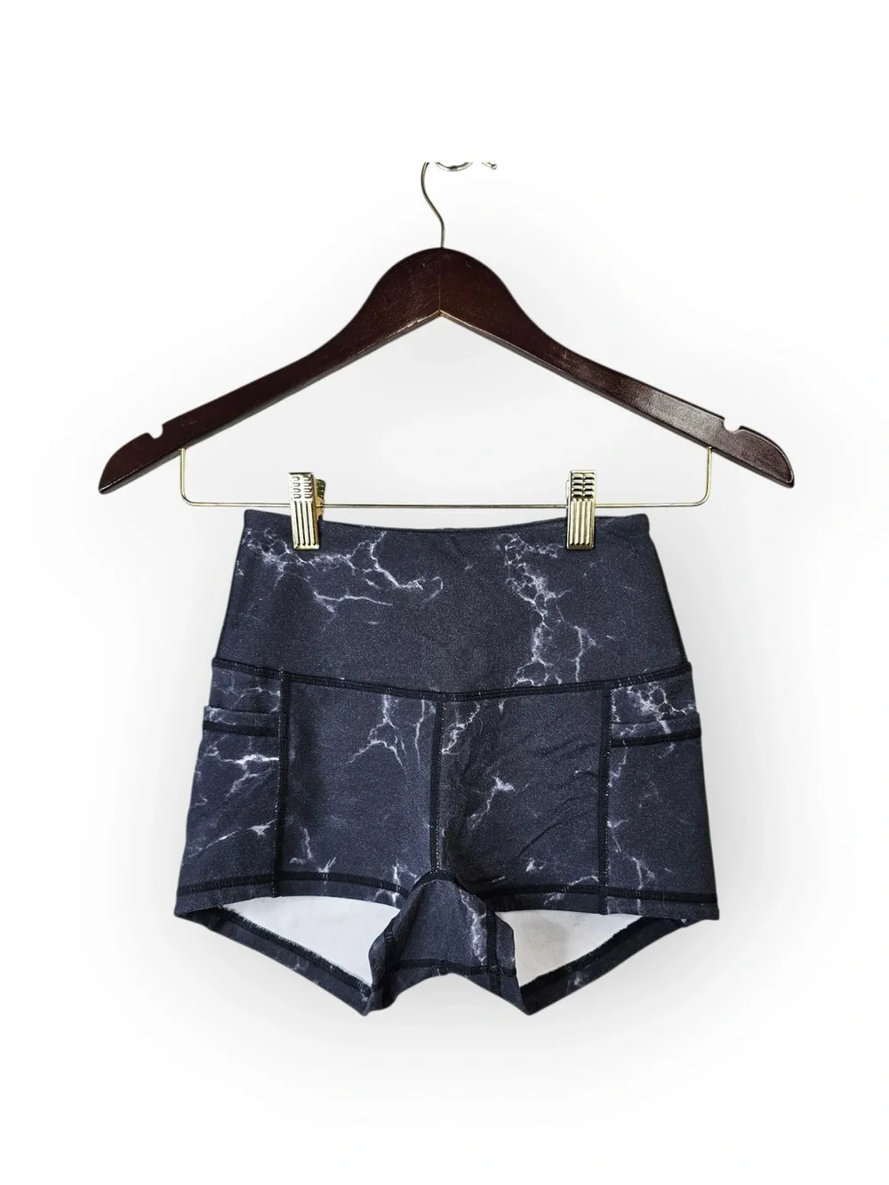 Buffbunny Black Marble High-Waisted Athletic Shorts with Pockets | Extra Small